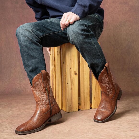 Jousen Mens Amy8420-lightbrown Embroidery Retro Square Toe Chunky Heeled Boots - Picture 5 of 7